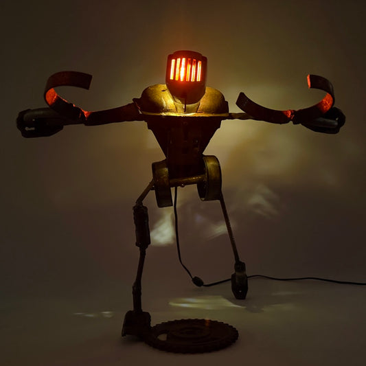 Hut Hut illuminated football robot lamp and reclaimed metal sculptural lighting by Bobby Anderson, RVA246