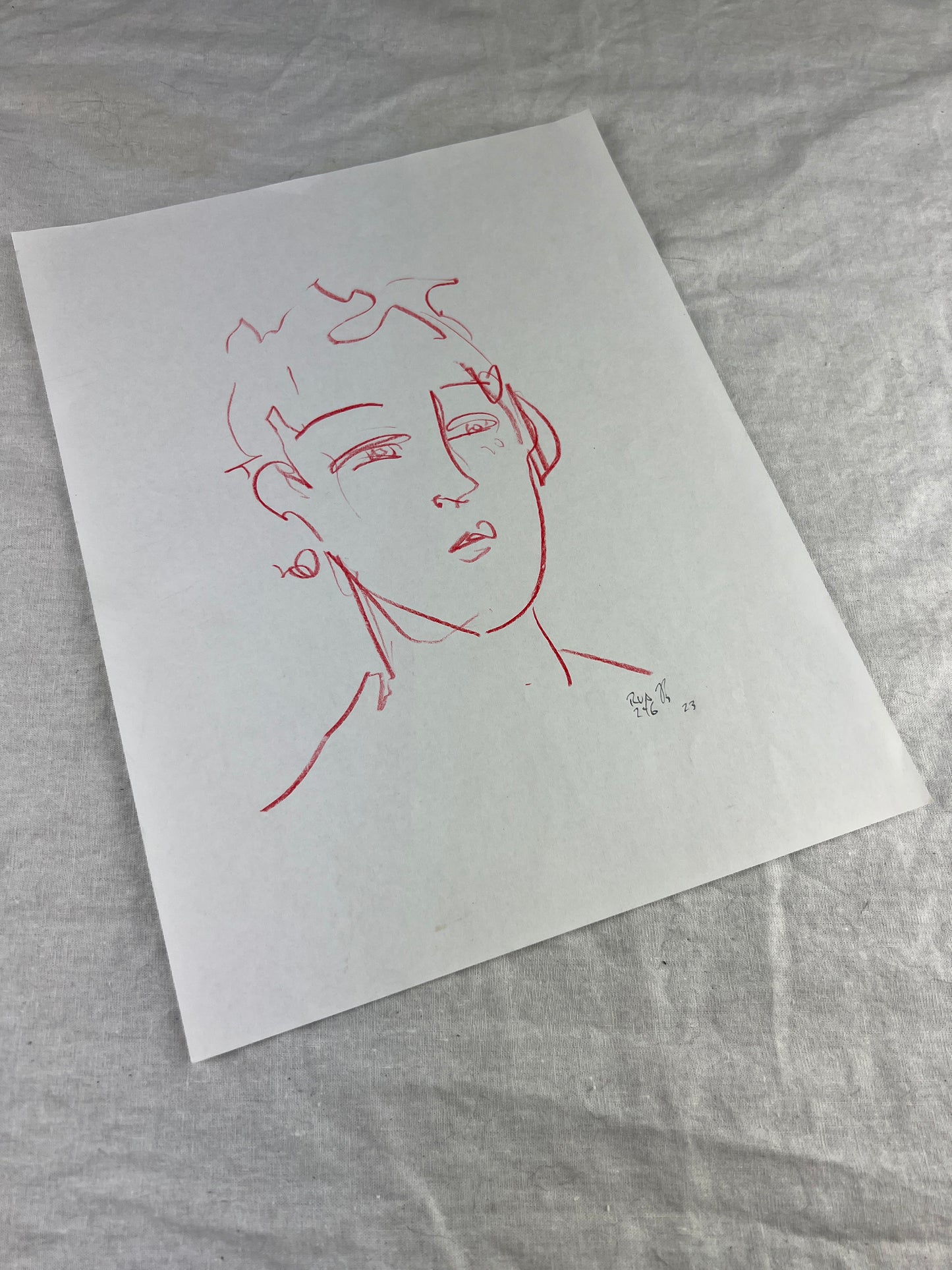 Portrait of a Man in Red Pencil - Original Pencil Drawing on Paper