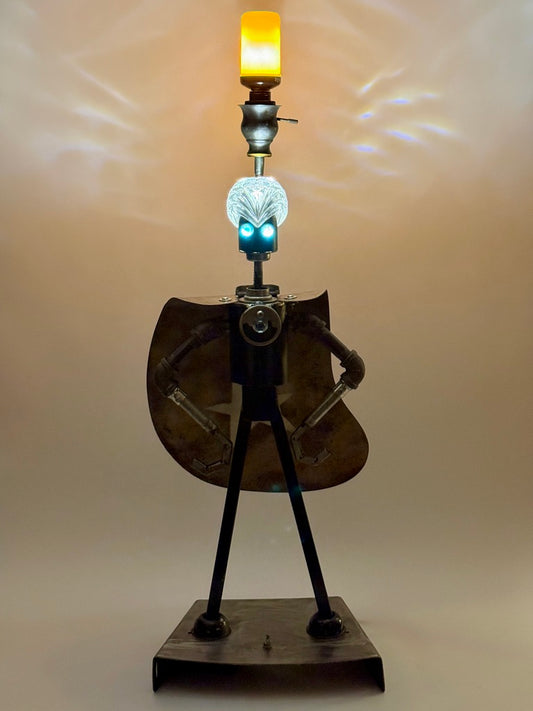 Superion illuminated superhero robot sculpture with crystal helmet by Bobby Anderson