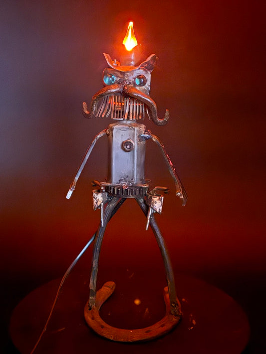 Lawman illuminated cowboy robot sculpture with glowing hat light by Bobby Anderson