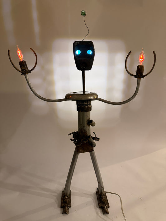 Tinker robot lamp and reclaimed metal sculptural lighting by Bobby Anderson, RVA246, illuminated