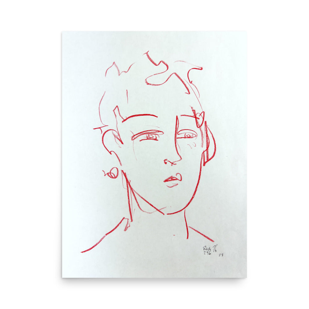 Portrait of a Man in Red Pencil - Original Pencil Drawing on Paper