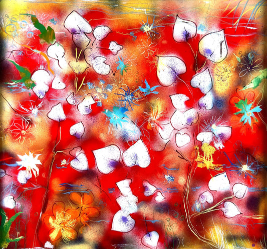 Flowers 2 original reverse glass painting with colorful abstract flowers by Bobby Anderson