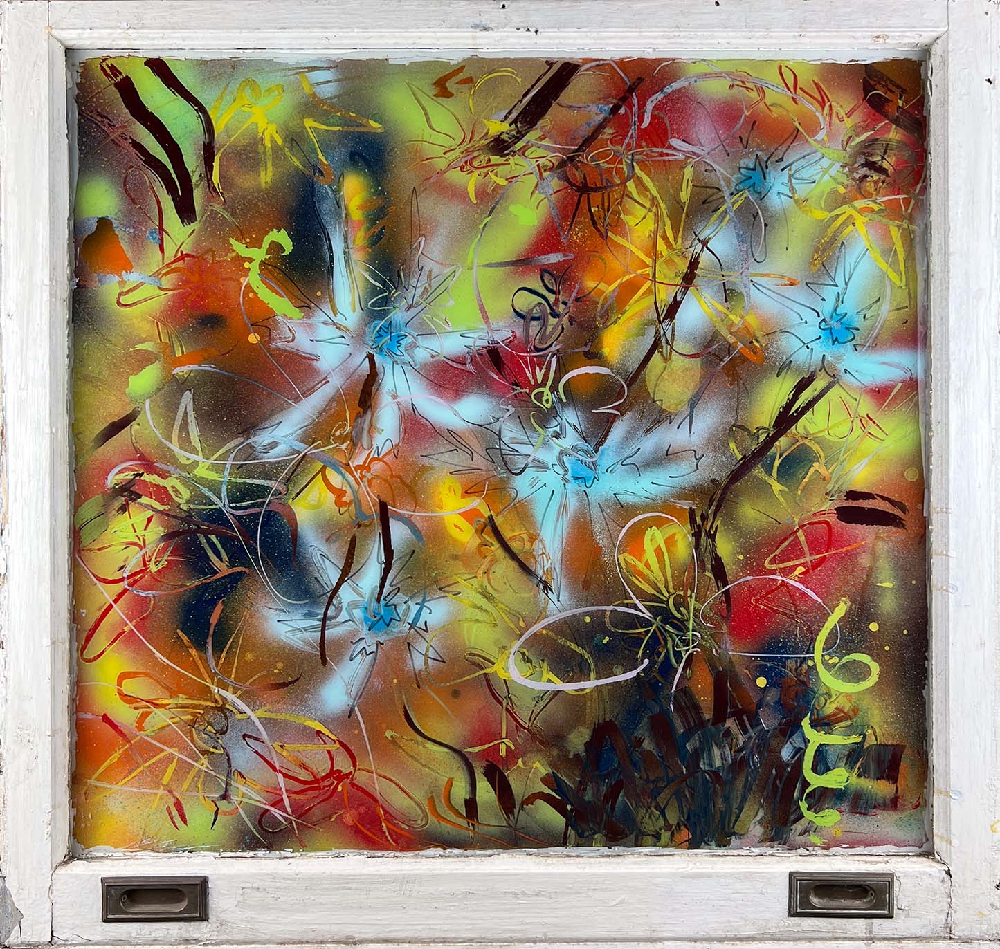 "Flowers 1" - Reverse Glass Painting, Mixed Media, 34"x32"