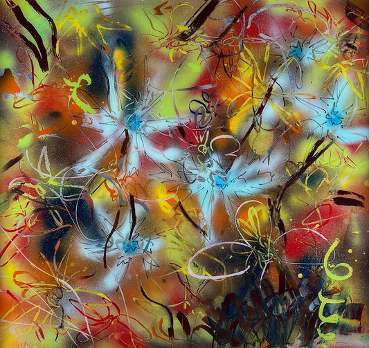 Flowers 1 colorful reverse glass painting with blue yellow green and red abstract flowers