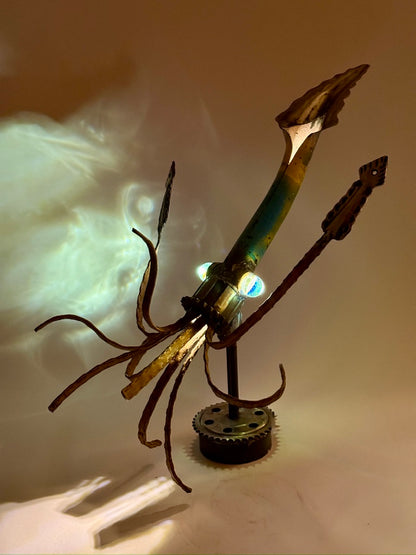 Illuminated Squid Lamp - reclaimed metal lamp sculpture with glass marble eyes by Bobby Anderson, RVA246