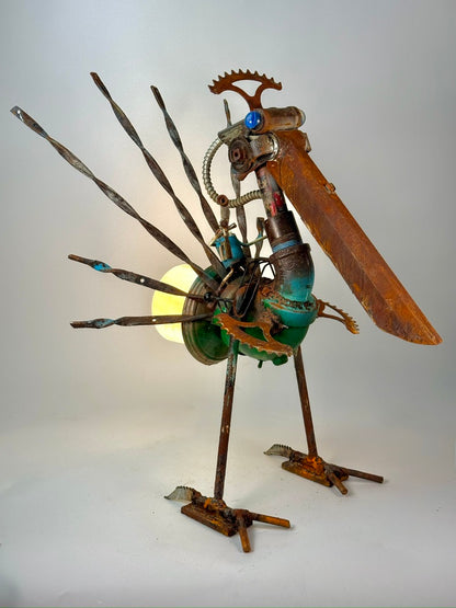 Battle Bird alien bird robot lamp and reclaimed metal sculptural lighting by Bobby Anderson, RVA246, lit