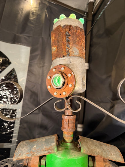 Reclaimed metal, vintage components and found object details on Data Dastard by Bobby Anderson