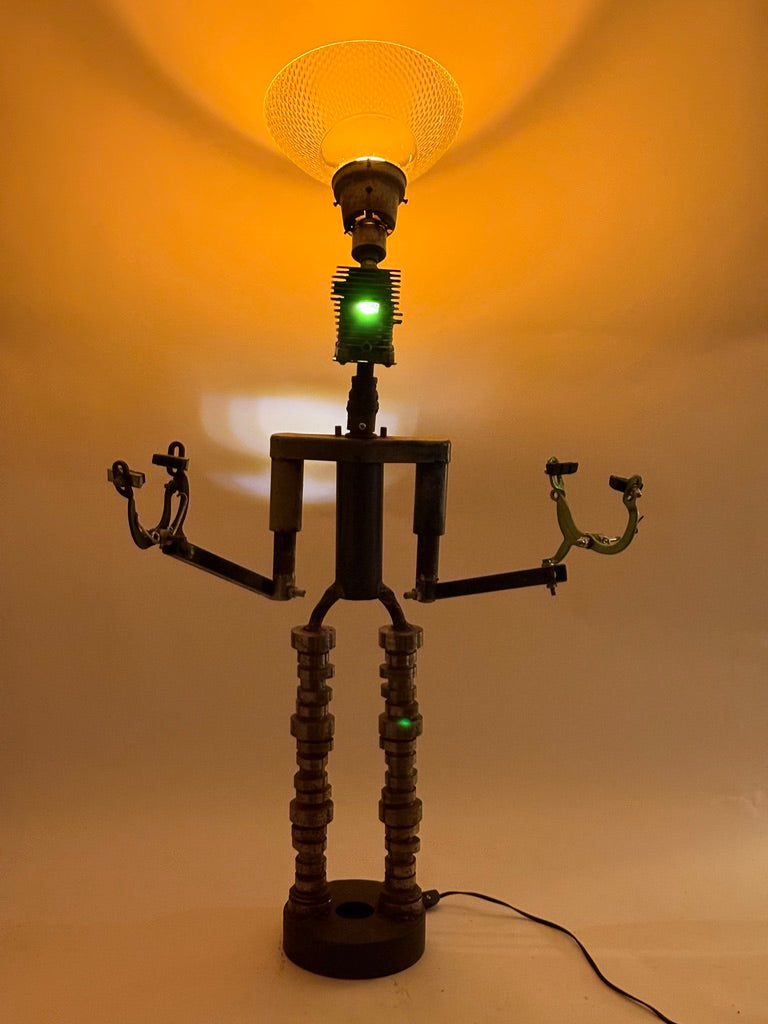 Theo Riser 42-inch reclaimed metal robot sculptural lighting by contemporary artist Bobby Anderson, RVA246.com