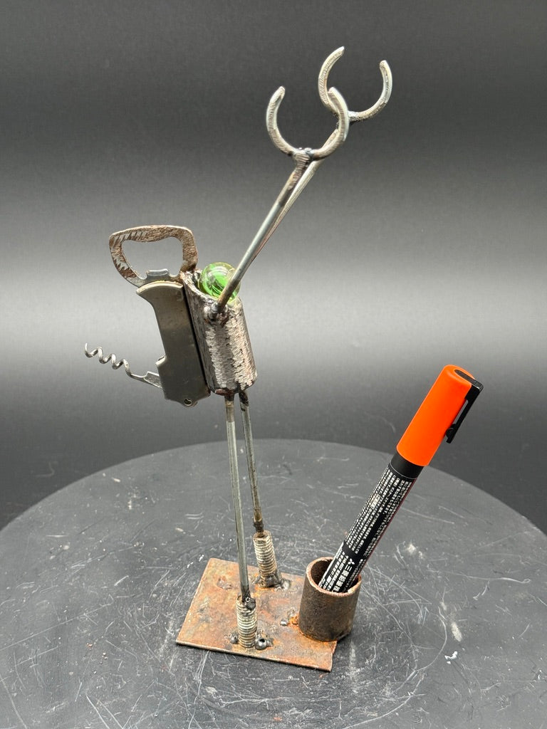 Helper Bot #169 reclaimed metal original art object holder and desk companion by Bobby Anderson, RVA246, great art gift