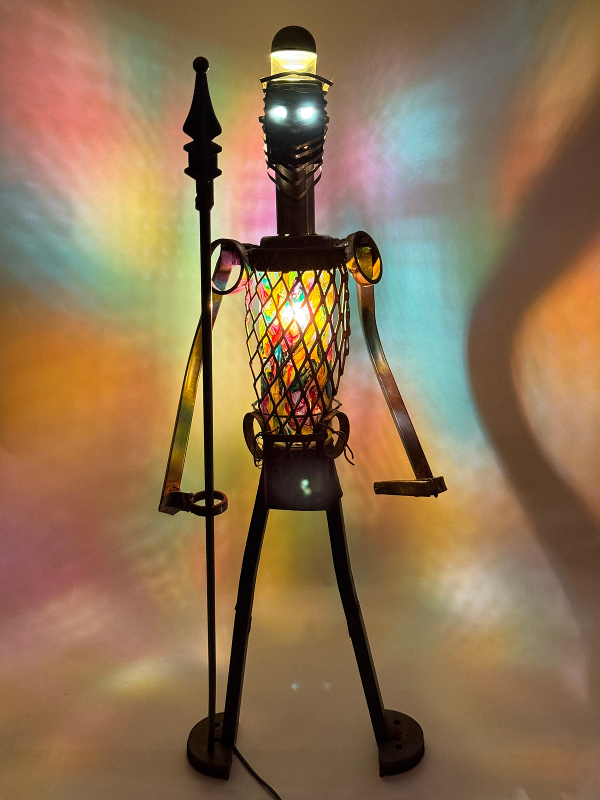 Good Knight original sculptural robot lamp by Bobby Anderson with illuminated hand-painted glass body, glowing eyes, and removable spear