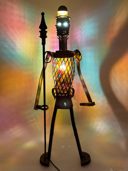 Good Knight original sculptural robot lamp by Bobby Anderson with illuminated hand-painted glass body, glowing eyes, and removable spear