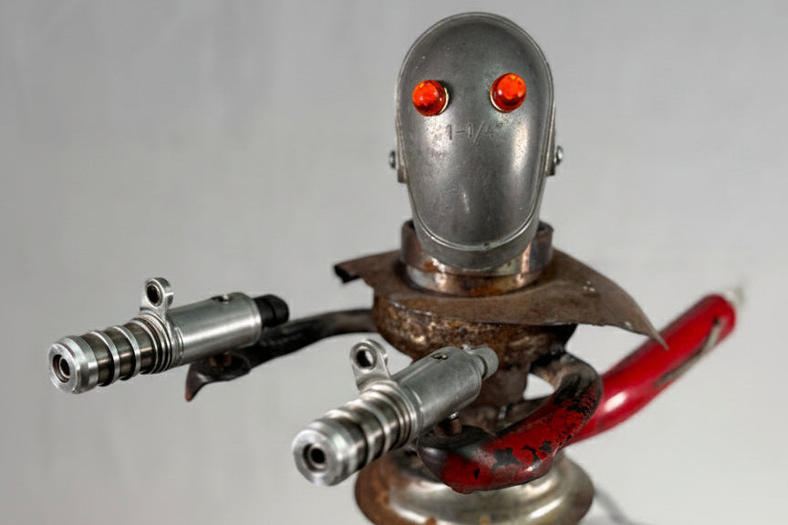 "Rocket Roller" - Original Art Robot Lamp by Memphis artist Bobby Anderson, RVA246 Creative Studio, Sculptural Lighting and Functional Art. Robot Table Lamp made with reclaimed materials.