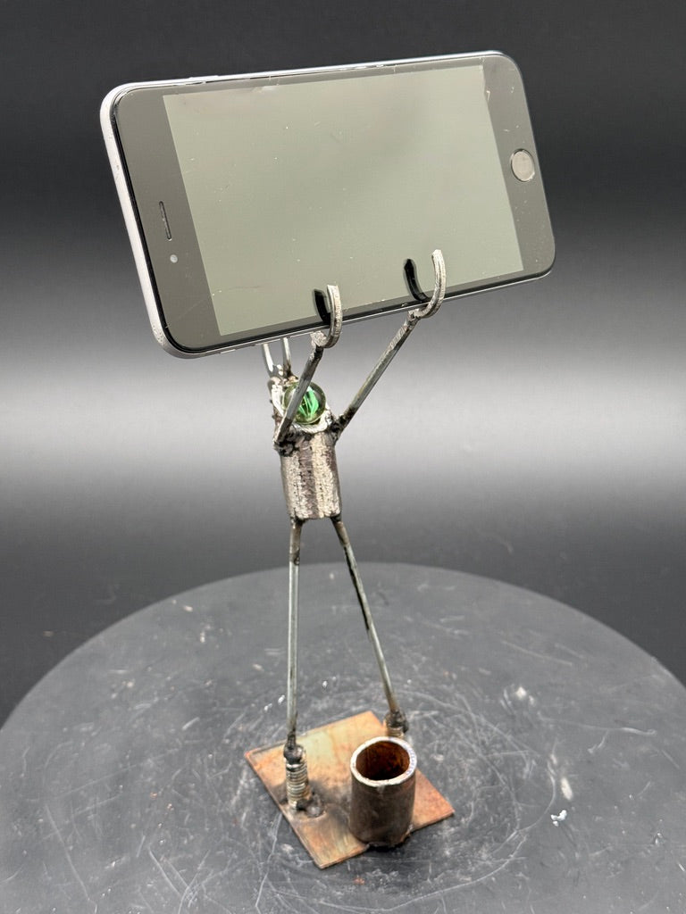 Helper Bot #XX reclaimed metal original art object holder and desk companion by Bobby Anderson, RVA246, phone holder art