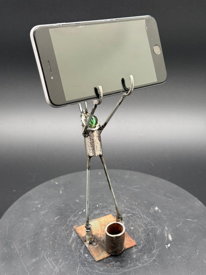 Helper Bot #XX reclaimed metal original art object holder and desk companion by Bobby Anderson, RVA246, phone holder art