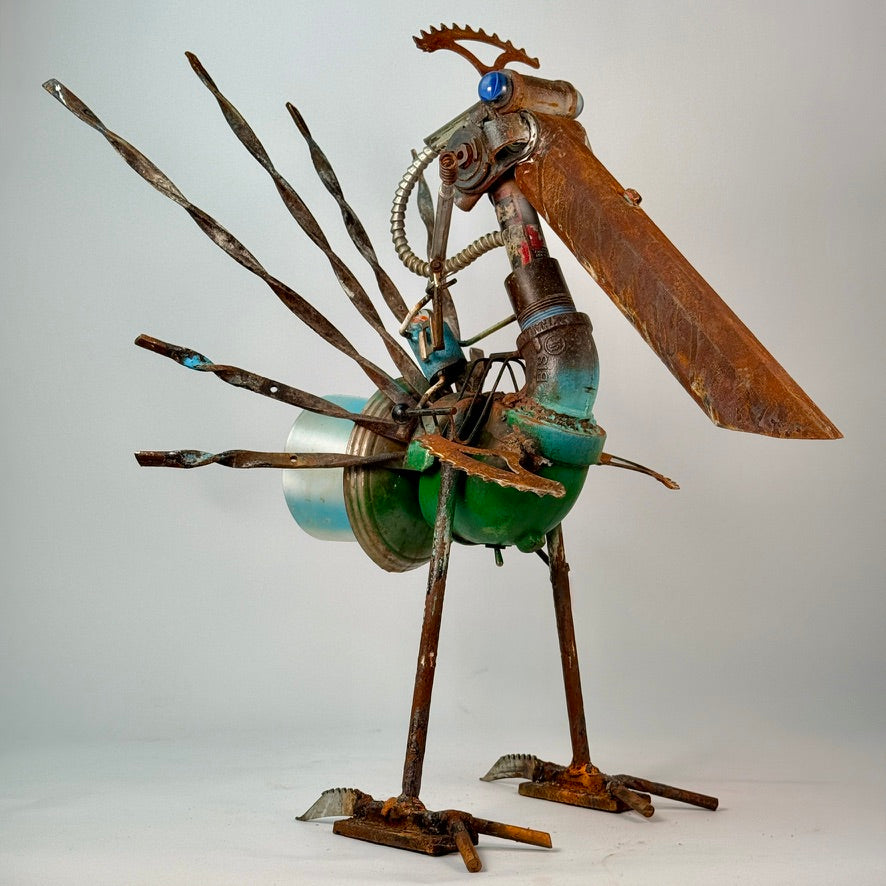 Battle Bird - alien bird robot lamp and reclaimed metal, original fine art sculptural lighting by Bobby Anderson, RVA246