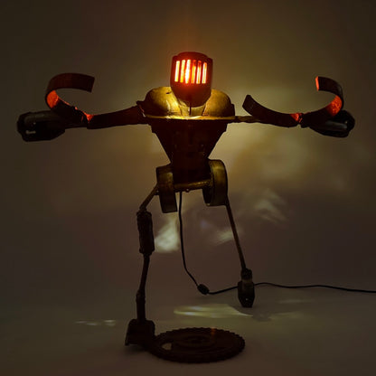Hut Hut illuminated football robot lamp and reclaimed metal sculptural lighting by Bobby Anderson, RVA246