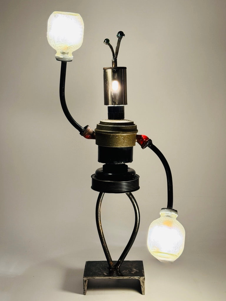 Sluggo original robot lamp and sculptural lighting by Bobby Anderson, RVA246, made from reclaimed metal and found objects
