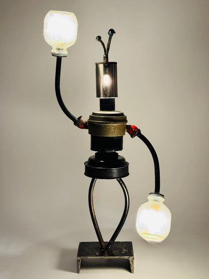 Sluggo original robot lamp and sculptural lighting by Bobby Anderson, RVA246, made from reclaimed metal and found objects