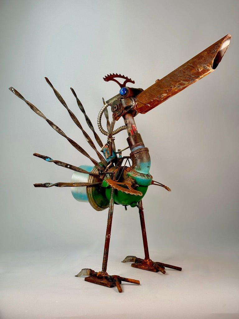 Battle Bird alien bird robot lamp and reclaimed metal sculptural lighting by Bobby Anderson, RVA246, sci-fi sniper