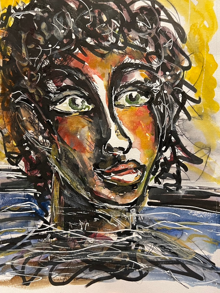 Dinner Guest 230720 original watercolor with mixed media artwork by Bobby Anderson, RVA246, Sunny Day Swim