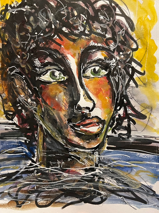 Dinner Guest 230720 original watercolor with mixed media artwork by Bobby Anderson, RVA246, Sunny Day Swim