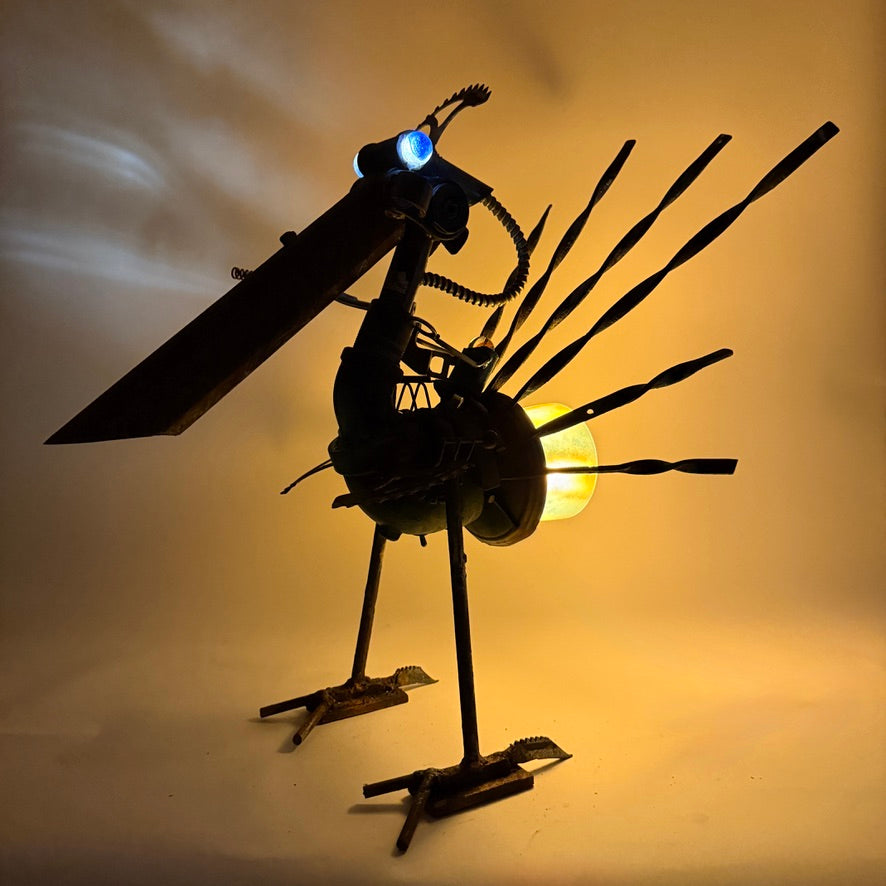 Battle Bird alien bird robot lamp and reclaimed metal sculptural lighting by Bobby Anderson, RVA246