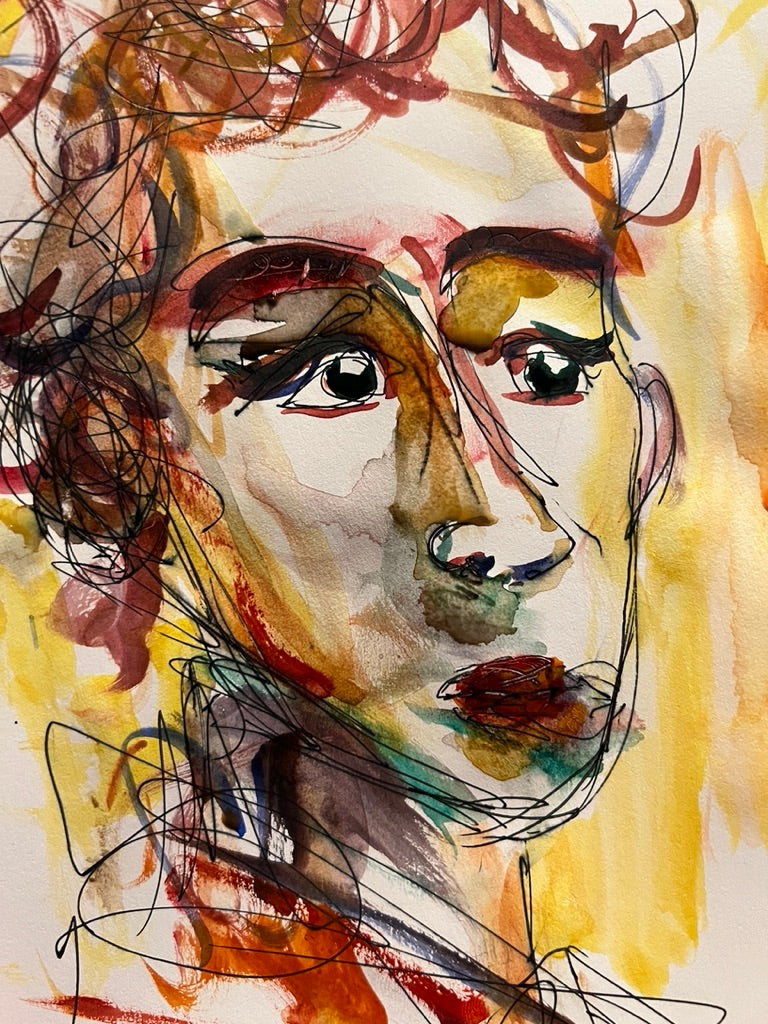 Dinner Guest 230924 original watercolor and ink artwork by Bobby Anderson, RVA246, detail