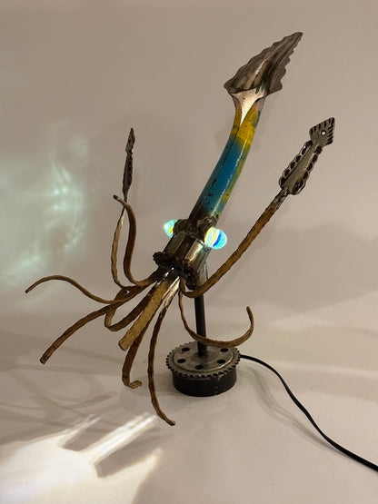Squid reclaimed metal lamp sculpture with glass marble eyes by Bobby Anderson, RVA246