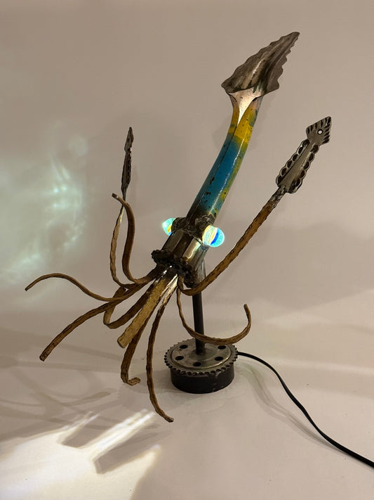 Squid reclaimed metal lamp sculpture with glass marble eyes by Bobby Anderson, RVA246