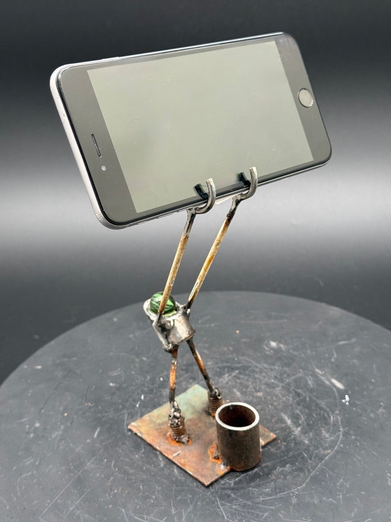 Helper Bot #129 reclaimed metal original art object holder and desk companion by Bobby Anderson, RVA246, phone holder
