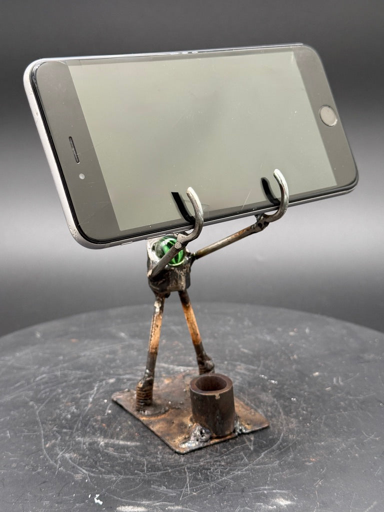 Helper Bot #114 reclaimed metal original art object holder and desk companion by Bobby Anderson, RVA246, phone holder
