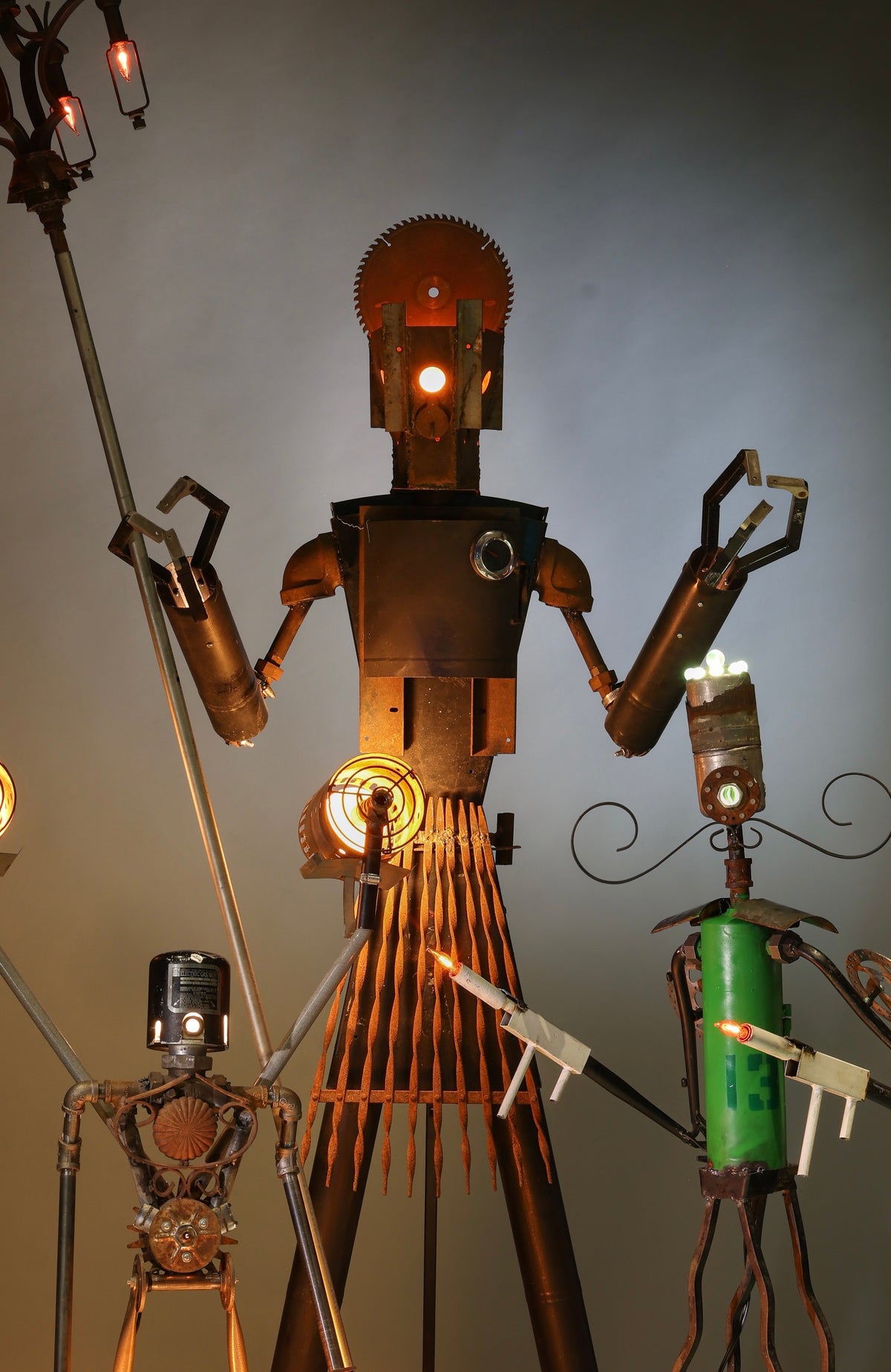 Original art, sculptural lighting by artist Bobby Anderson of RVA246 Creative Studio, three large reclaimed metal sculptures and lamps.