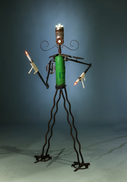 Data Dastard reclaimed metal sculptural lighting by Bobby Anderson, RVA246, illuminated robot sculpture with lighted head and hands